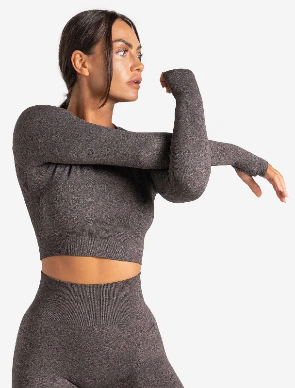 Core Seamless Long Sleeve Crop Top - Brown Marl