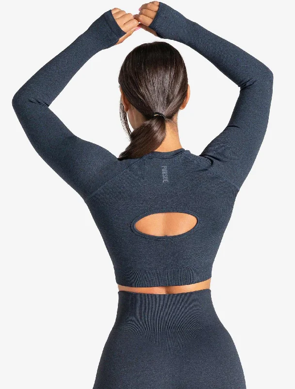 Core Seamless Long Sleeve Crop Top - Navy Marl