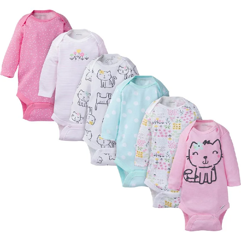 6-Pack Baby Girl Long Sleeve Kitty Onesies® Brand Bodysuits