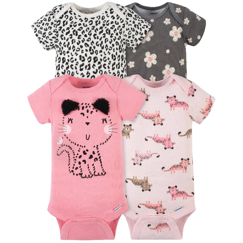 4-Pack Baby Girls Leopard Short Sleeve Onesies® Bodysuits