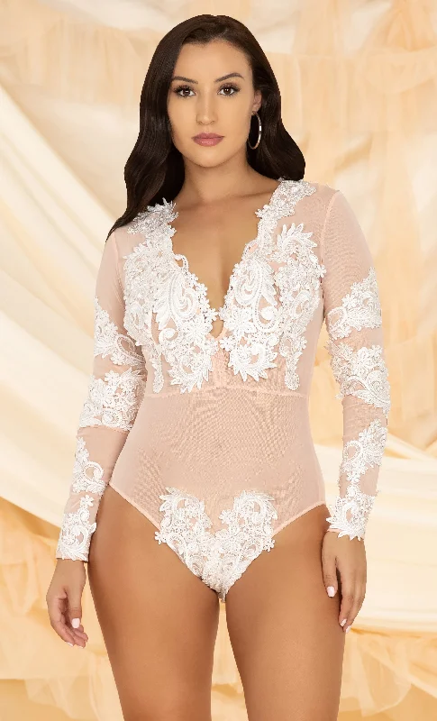 All Inspiring <br><span>Sheer Light Pink White Lace Long Sleeve Deep Plunging V Neck Bodysuit Top</span>