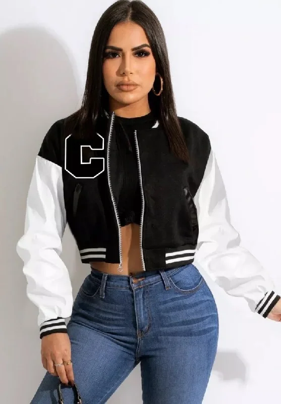 Black and White Cropped Bomber Jacket