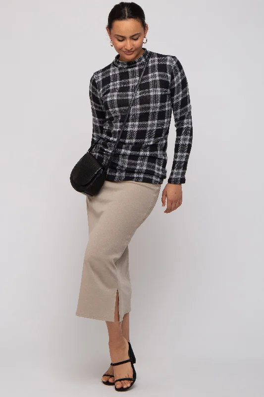 Black Plaid Mock Neck Brushed Long Sleeve Top