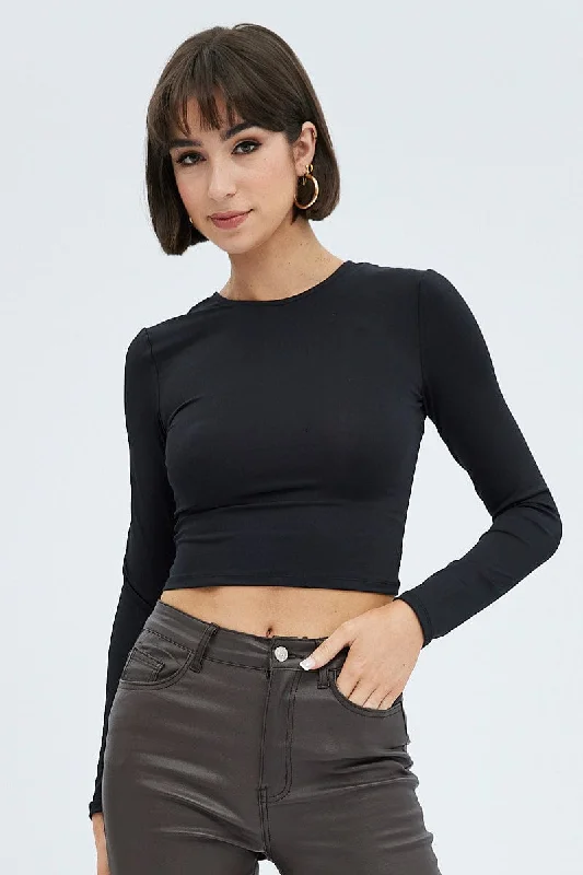 Black Top Long Sleeve Round Neck Elastic Back Jersey