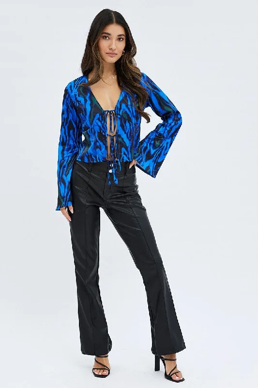 Blue Abstract Top Long Sleeve V-Neck Tie Front