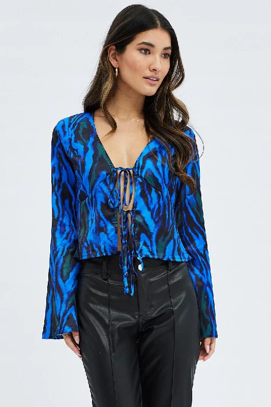 Blue Abstract Top Long Sleeve V-Neck Tie Front