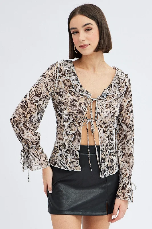 Brown Animal Print Bolero Long Sleeve Ruffle Snake Print Chiffon