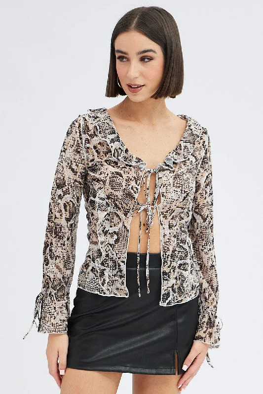 Brown Animal Print Bolero Long Sleeve Ruffle Snake Print Chiffon