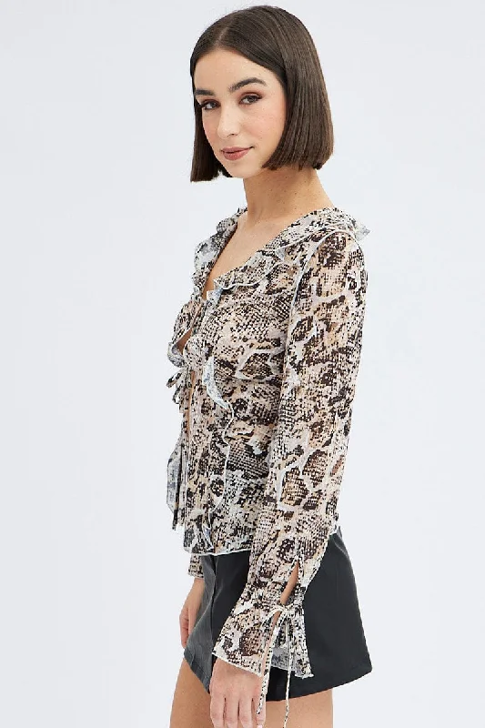 Brown Animal Print Bolero Long Sleeve Ruffle Snake Print Chiffon