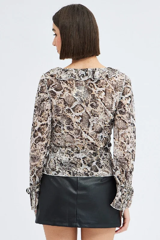 Brown Animal Print Bolero Long Sleeve Ruffle Snake Print Chiffon