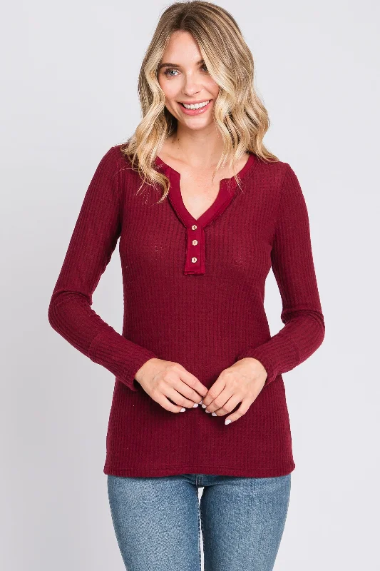 Burgundy Soft Waffle Knit Button Accent Long Sleeve Top