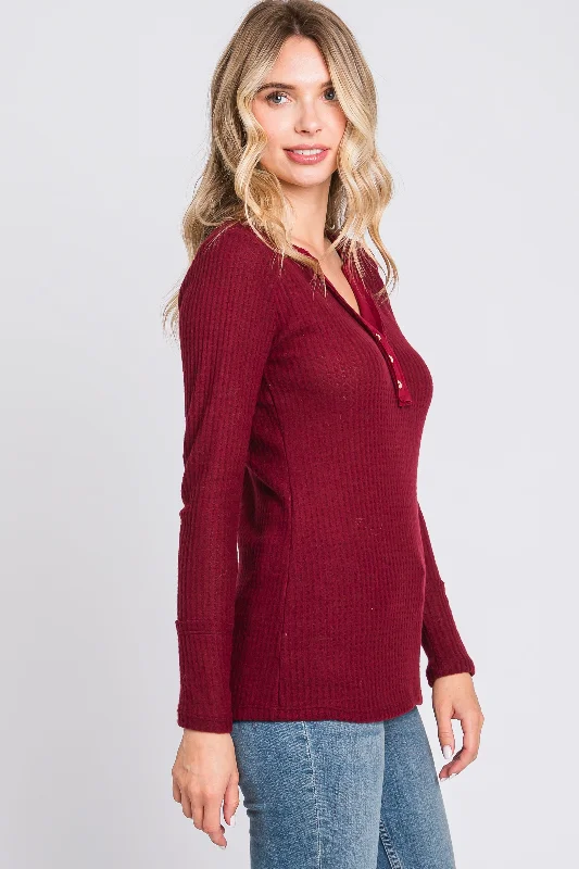 Burgundy Soft Waffle Knit Button Accent Long Sleeve Top