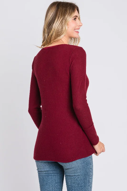 Burgundy Soft Waffle Knit Button Accent Long Sleeve Top