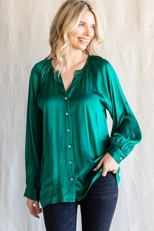 Green Button-Down Long Sleeve Blouse