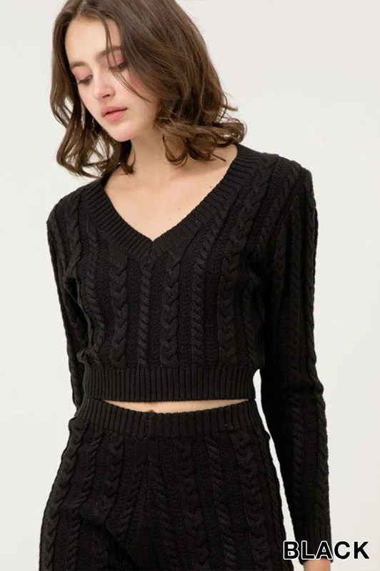 Mabel, Solid cable knit V neck crop top sweater