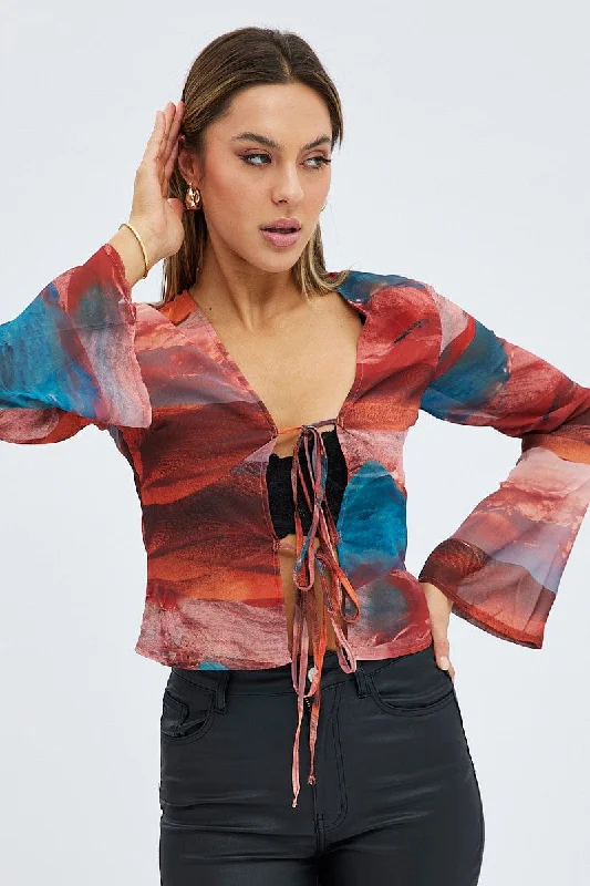 Multi Abstract Top Long Sleeve V-Neck Tie Front