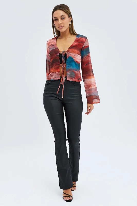 Multi Abstract Top Long Sleeve V-Neck Tie Front