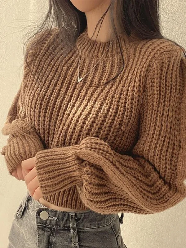 Puff Sleeve Plain Crop Sweater