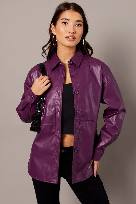 Purple Faux Leather Shacket Long Sleeves