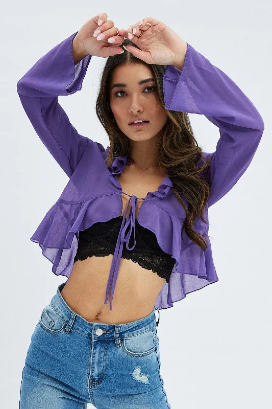 Purple Top Long Sleeve V Neck with Tie Ruffle Chiffon