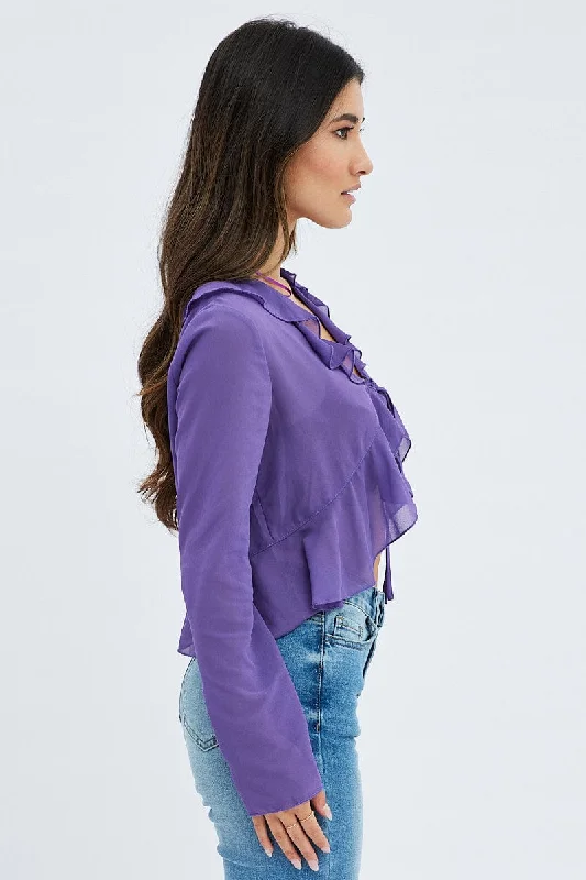 Purple Top Long Sleeve V Neck with Tie Ruffle Chiffon