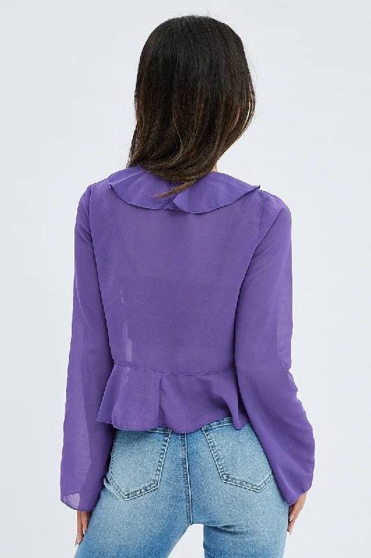 Purple Top Long Sleeve V Neck with Tie Ruffle Chiffon