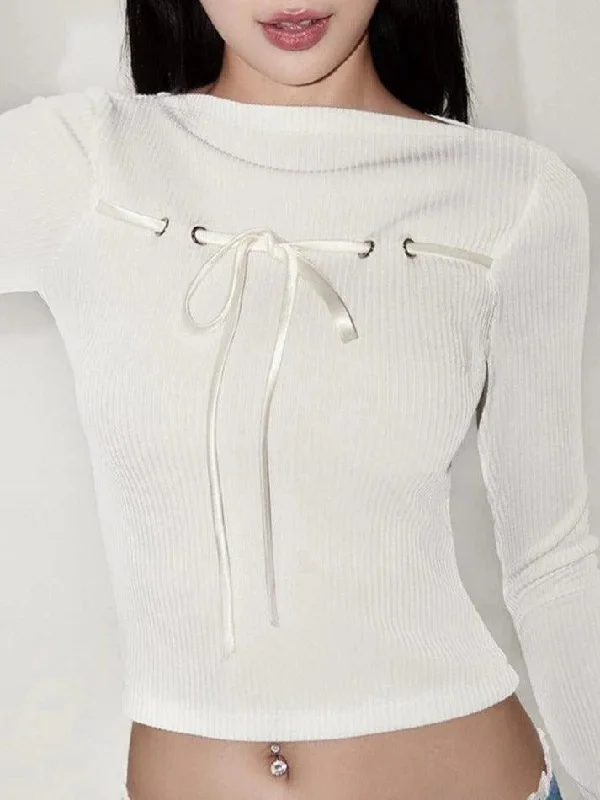 Ribbed Bow Lace Up Flare Long Sleeve Knit