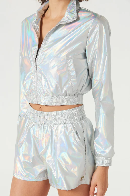 Silver Rainbow Metallic Crop Bomber Jacket