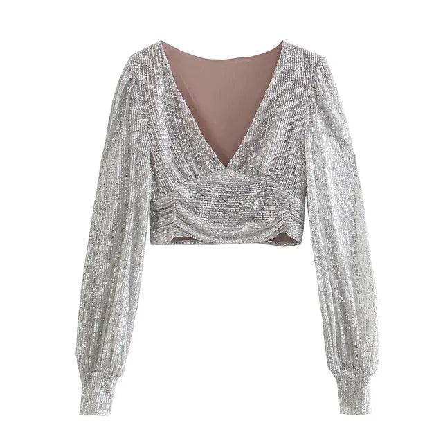 Silver Sequined Cropped V-Neck Top