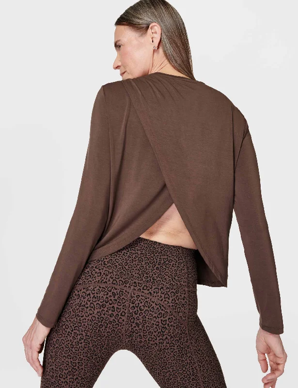 Drape Back Long Sleeve Top - Walnut Brown