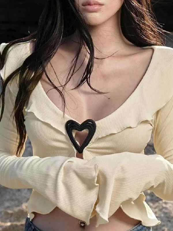 V Neck Fungus Heart Button Long Sleeve Knit