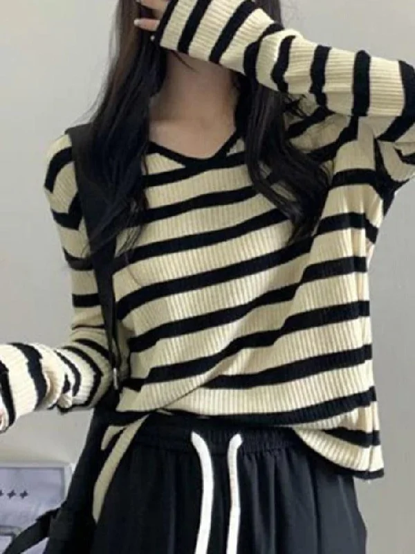 V Neck Stripe Long Sleeve Knit