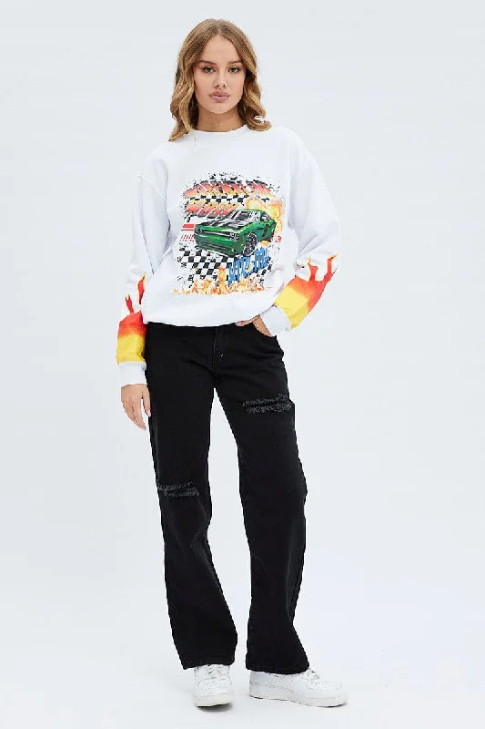 White Graphic Sweat Long Sleeve Crew Neck Racing