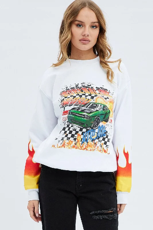 White Graphic Sweat Long Sleeve Crew Neck Racing