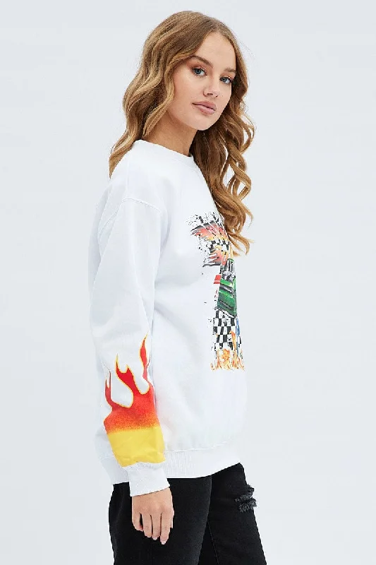 White Graphic Sweat Long Sleeve Crew Neck Racing