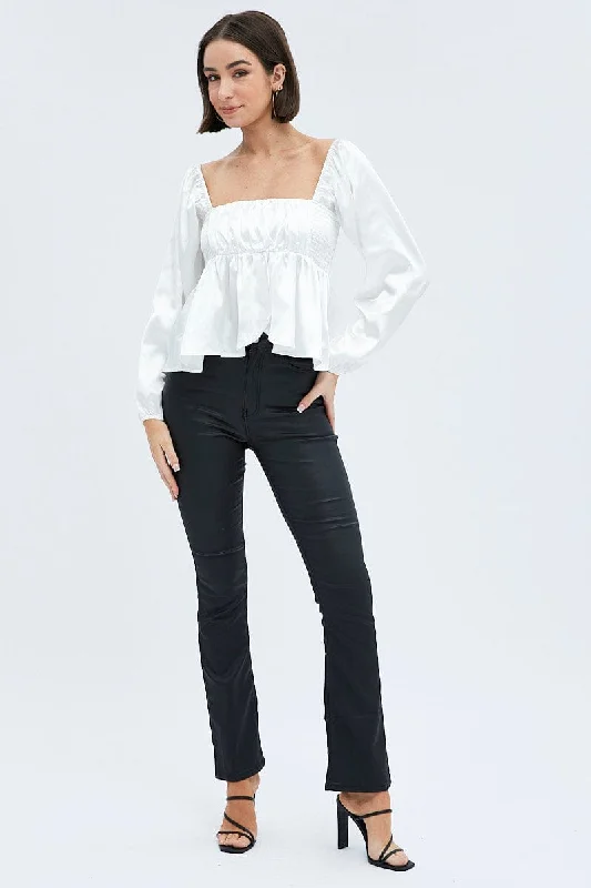 White Top Long Sleeve Square Neck Shirred Ruched Satin