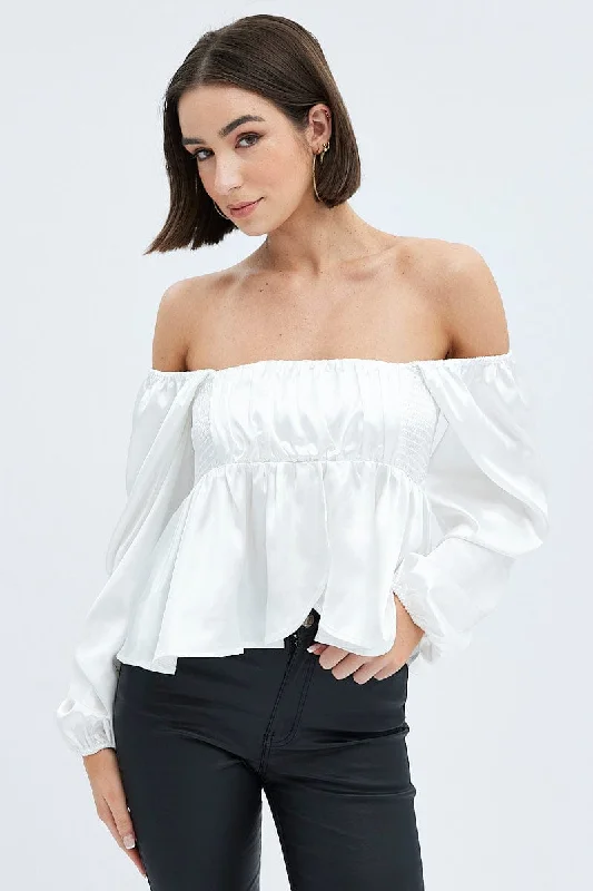 White Top Long Sleeve Square Neck Shirred Ruched Satin