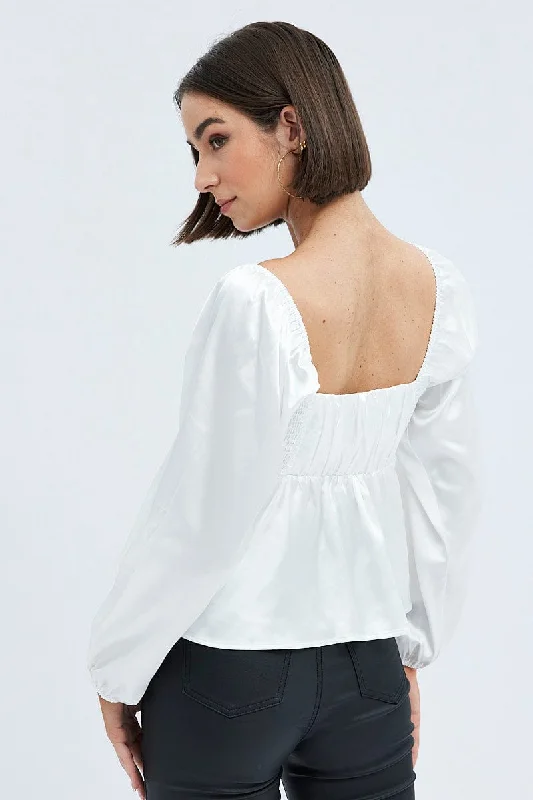 White Top Long Sleeve Square Neck Shirred Ruched Satin