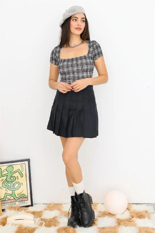 Cream & Black Plaid Short Sleeve Square Neck Fitted Bodysuit /3-2-1