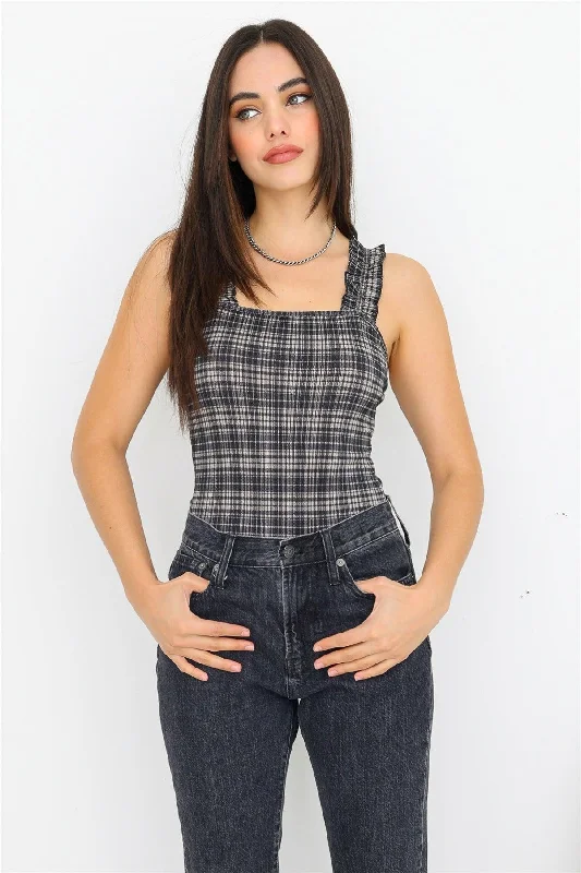 Plaid Ruffle Straps Fitted Bodysuit