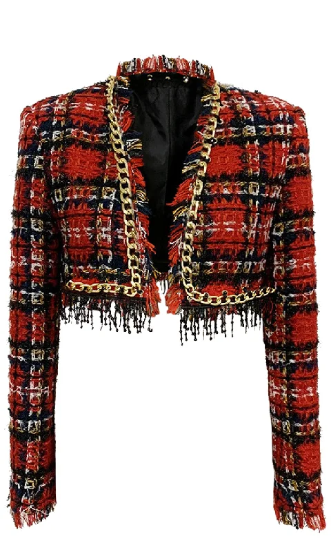 You Might Think Red Plaid Pattern Tweed Fringe Gold Chain Long Sleeve Crop Blazer Jacket Outerwear