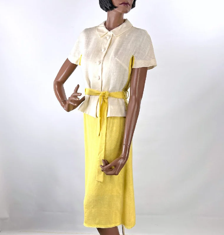 60s Skirt & Blouse Outfit Women's Vintage Deadstock Yellow White Colorblock Tunic Small VFG Carole King